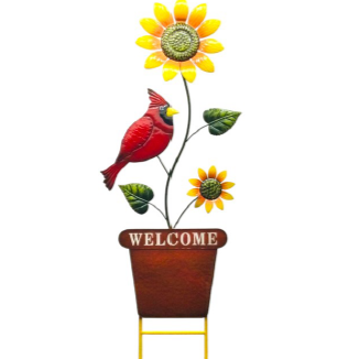 Metal Cardinal with Sunflowers in a Pot-image
